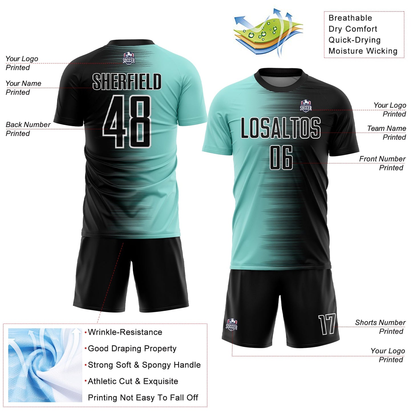 Custom Black Ice Blue-White Gradient Line Sublimation Soccer Uniform Jersey view 4