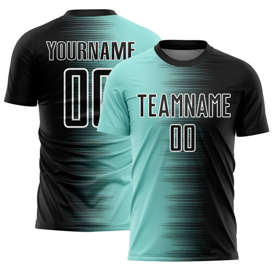 Custom Black Ice Blue-White Gradient Line Sublimation Soccer Uniform Jersey - Main View