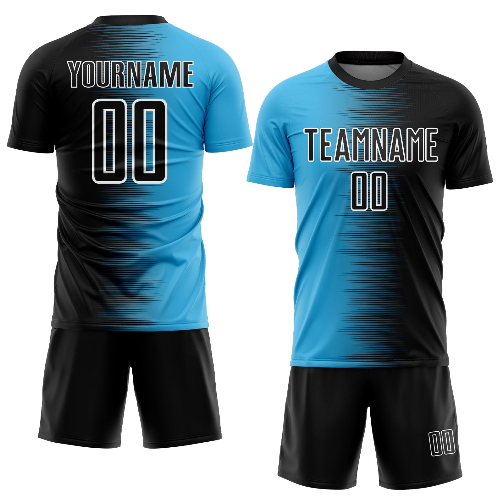 Custom Black Sky Blue-White Gradient Line Sublimation Soccer Uniform Jersey view 2