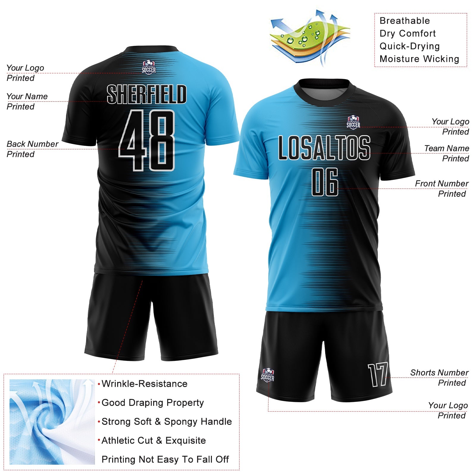 Custom Black Sky Blue-White Gradient Line Sublimation Soccer Uniform Jersey view 4