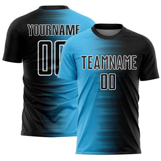 Custom Black Sky Blue-White Gradient Line Sublimation Soccer Uniform Jersey - Main View