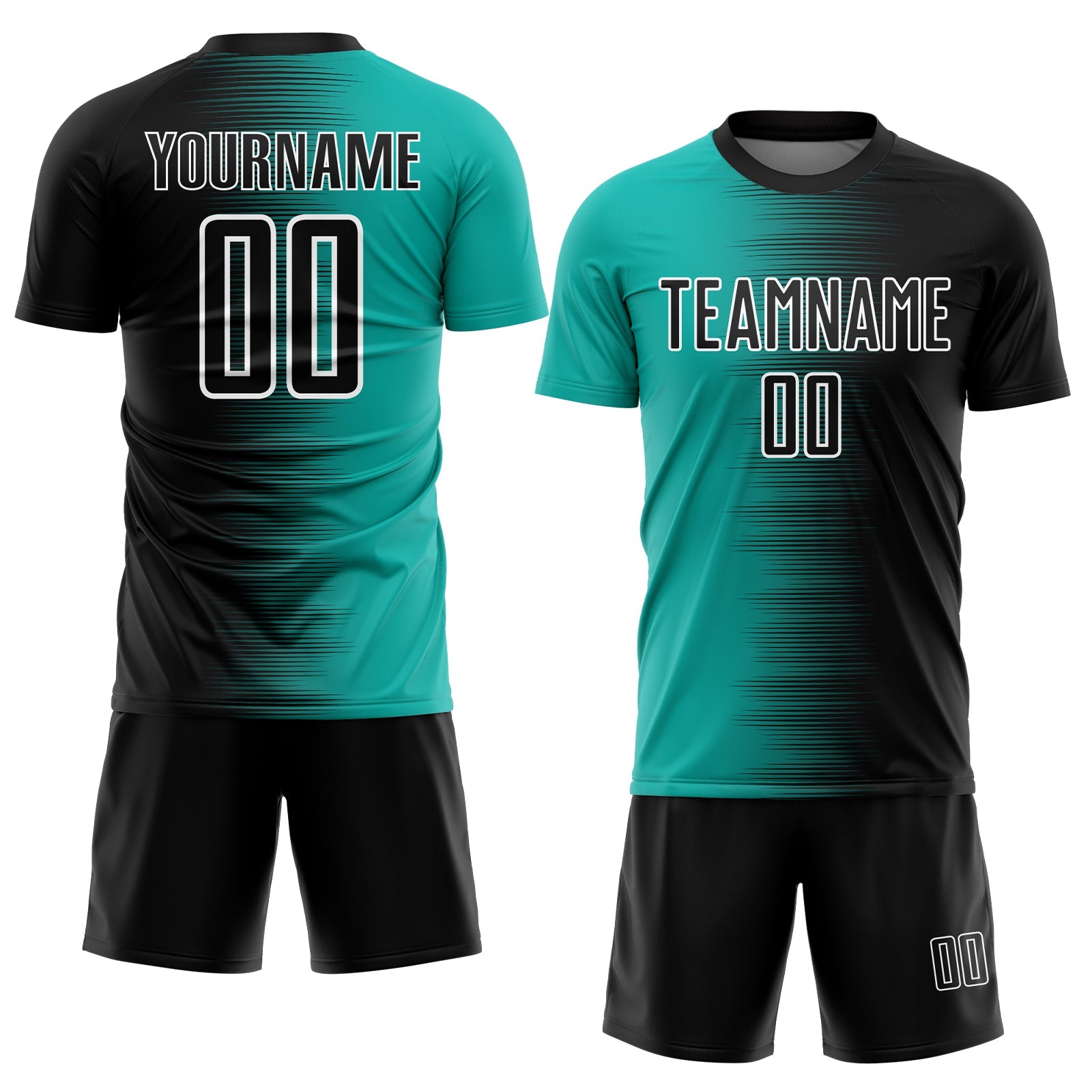 Custom Black Aqua-White Gradient Line Sublimation Soccer Uniform Jersey view 2