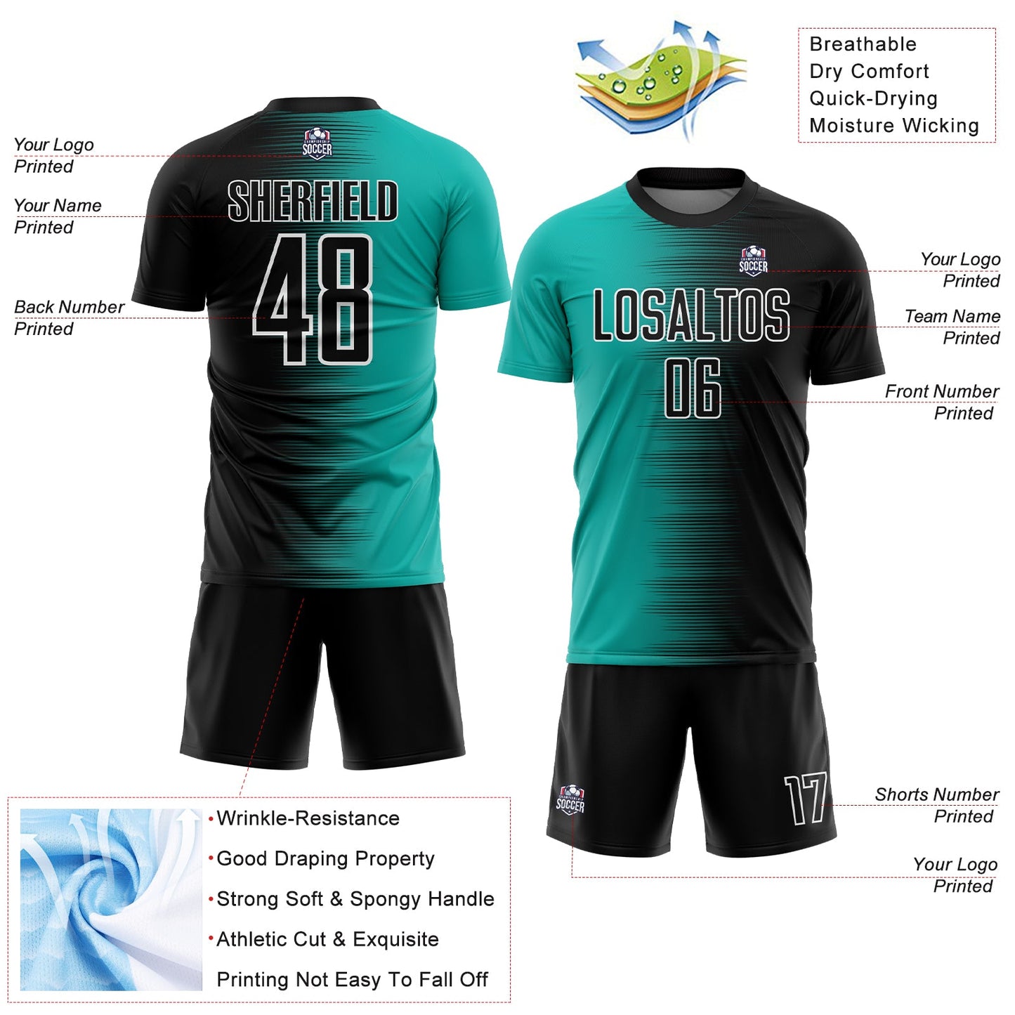 Custom Black Aqua-White Gradient Line Sublimation Soccer Uniform Jersey view 4