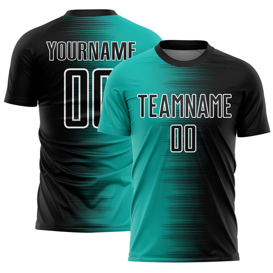 Custom Black Aqua-White Gradient Line Sublimation Soccer Uniform Jersey - Main View