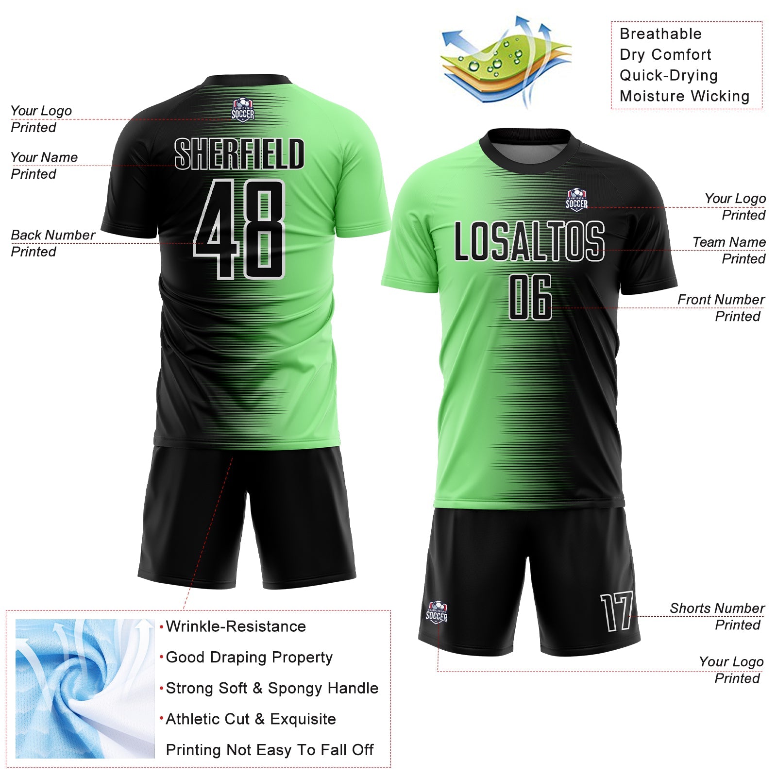Custom Black Pea Green-White Gradient Line Sublimation Soccer Uniform Jersey view 4