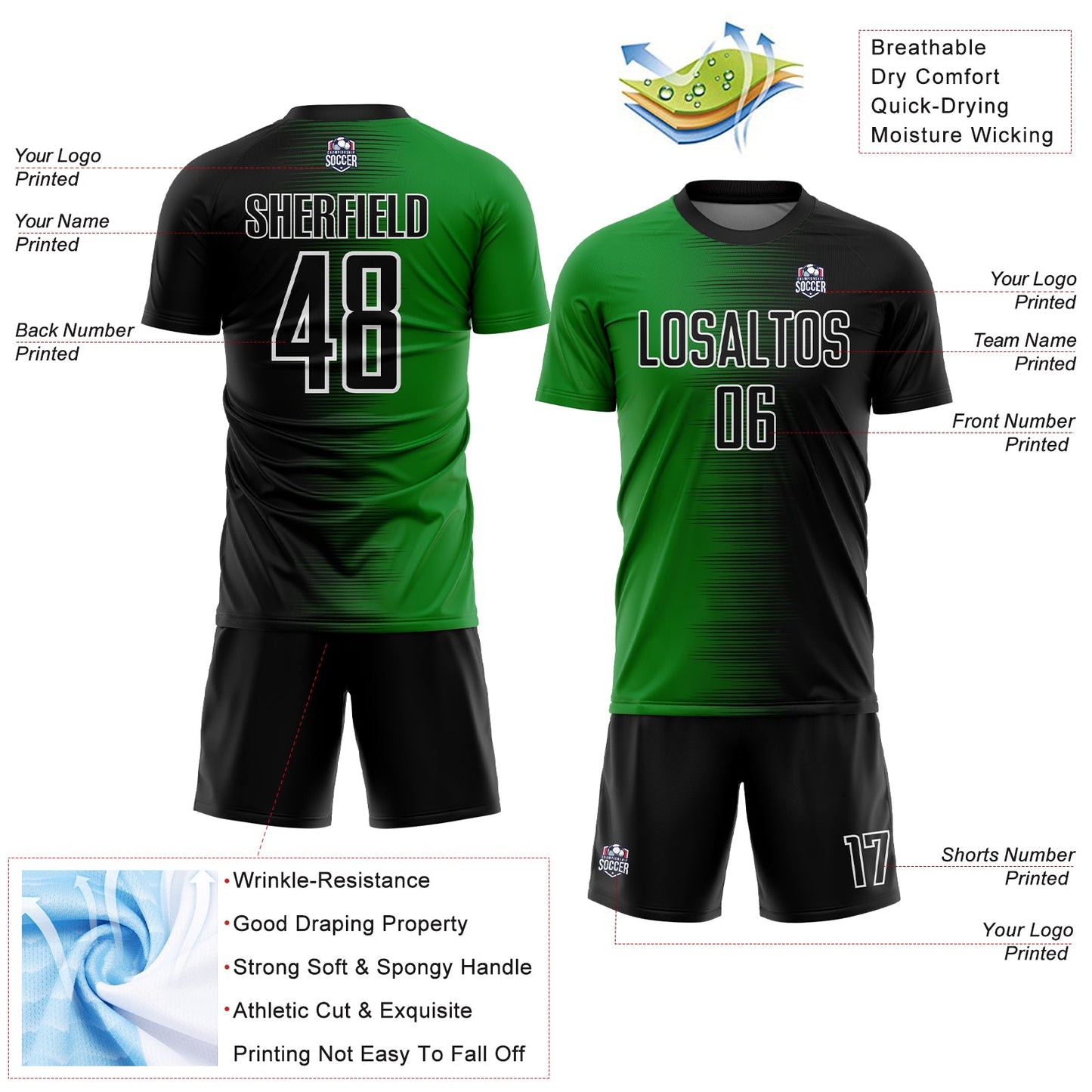 Custom Black Grass Green-White Gradient Line Sublimation Soccer Uniform Jersey view 4