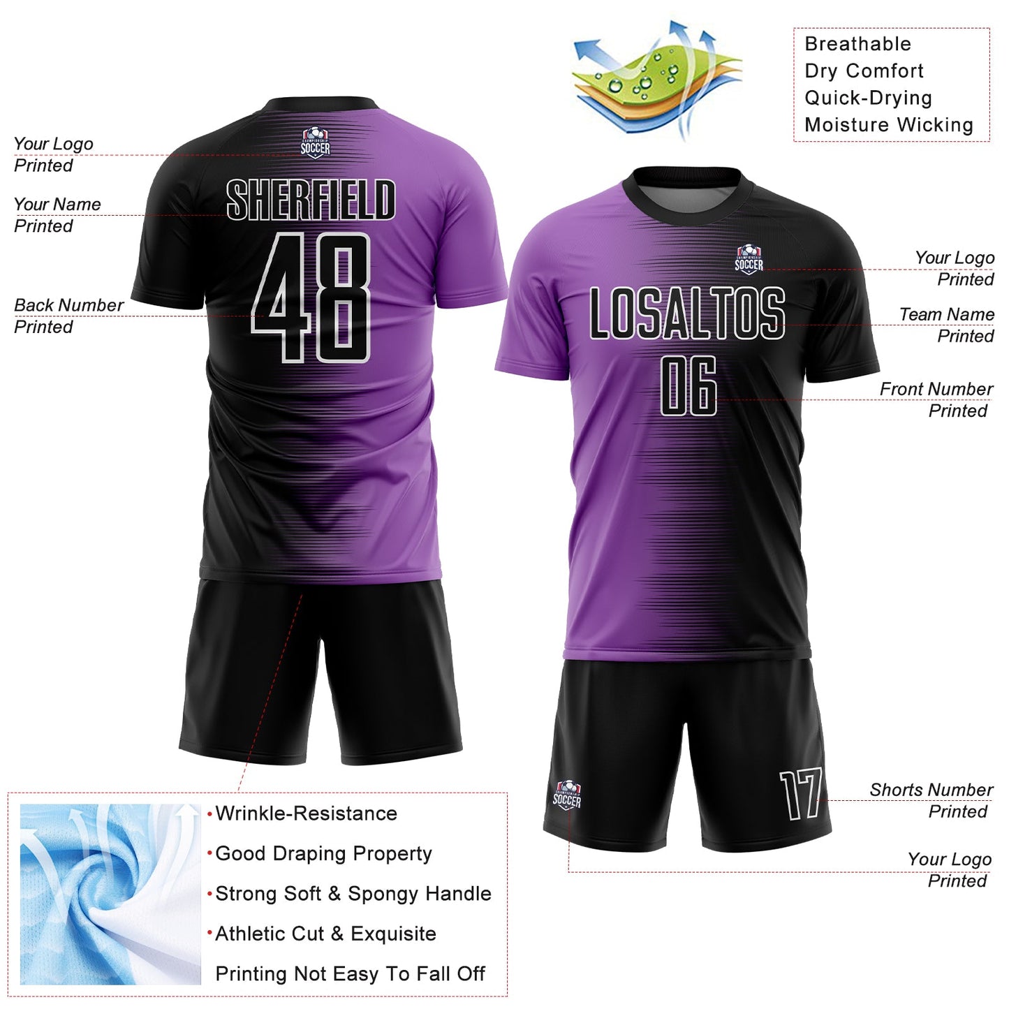 Custom Black Medium Purple-White Gradient Line Sublimation Soccer Uniform Jersey view 4