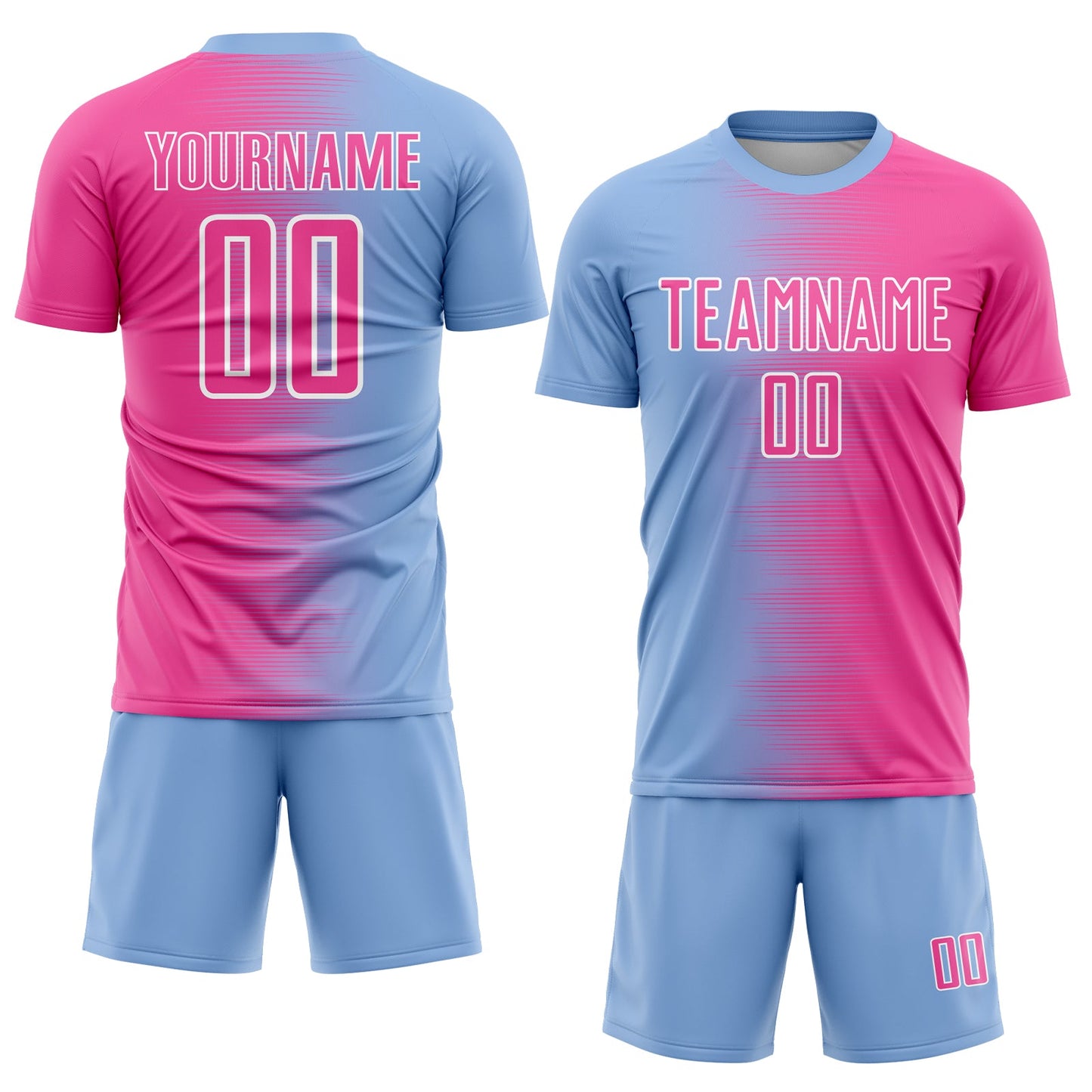 Custom Light Blue Pink-White Gradient Line Sublimation Soccer Uniform Jersey view 2