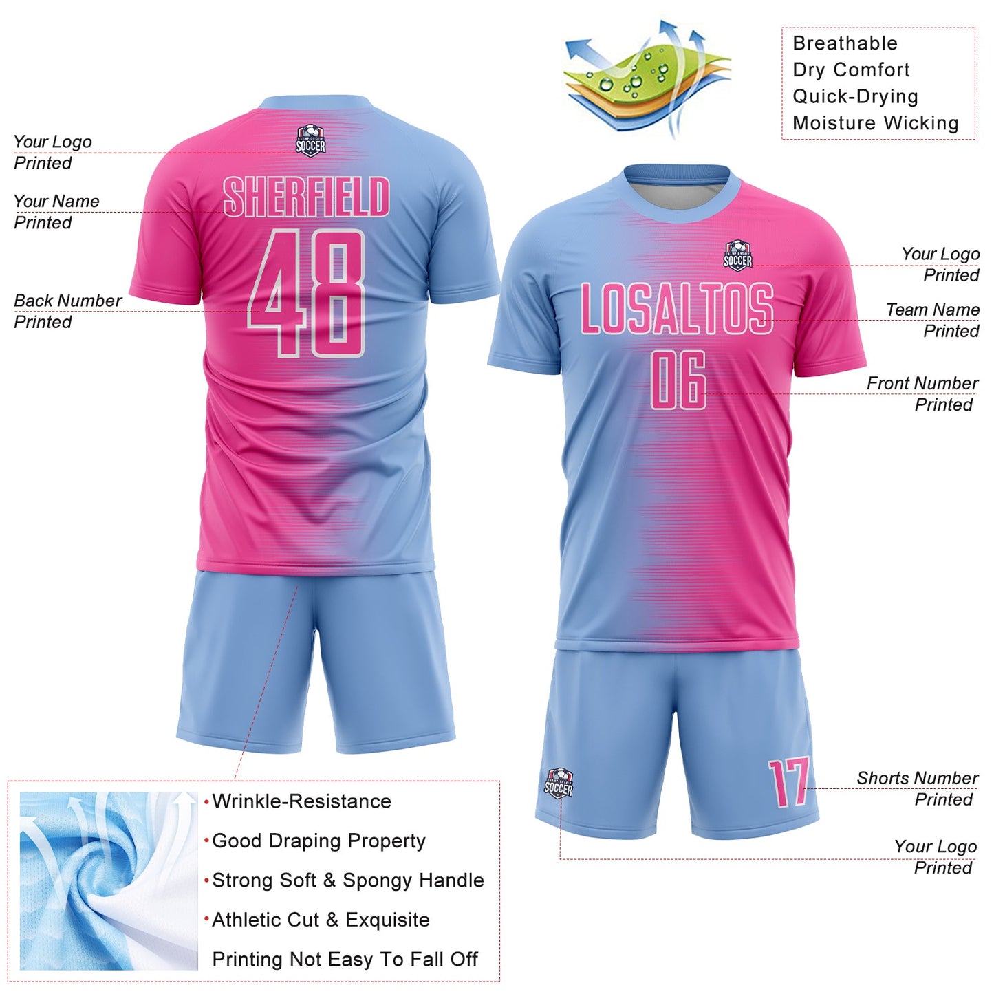 Custom Light Blue Pink-White Gradient Line Sublimation Soccer Uniform Jersey view 4