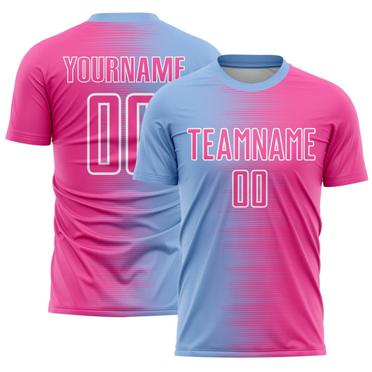 Custom Light Blue Pink-White Gradient Line Sublimation Soccer Uniform Jersey - Main View