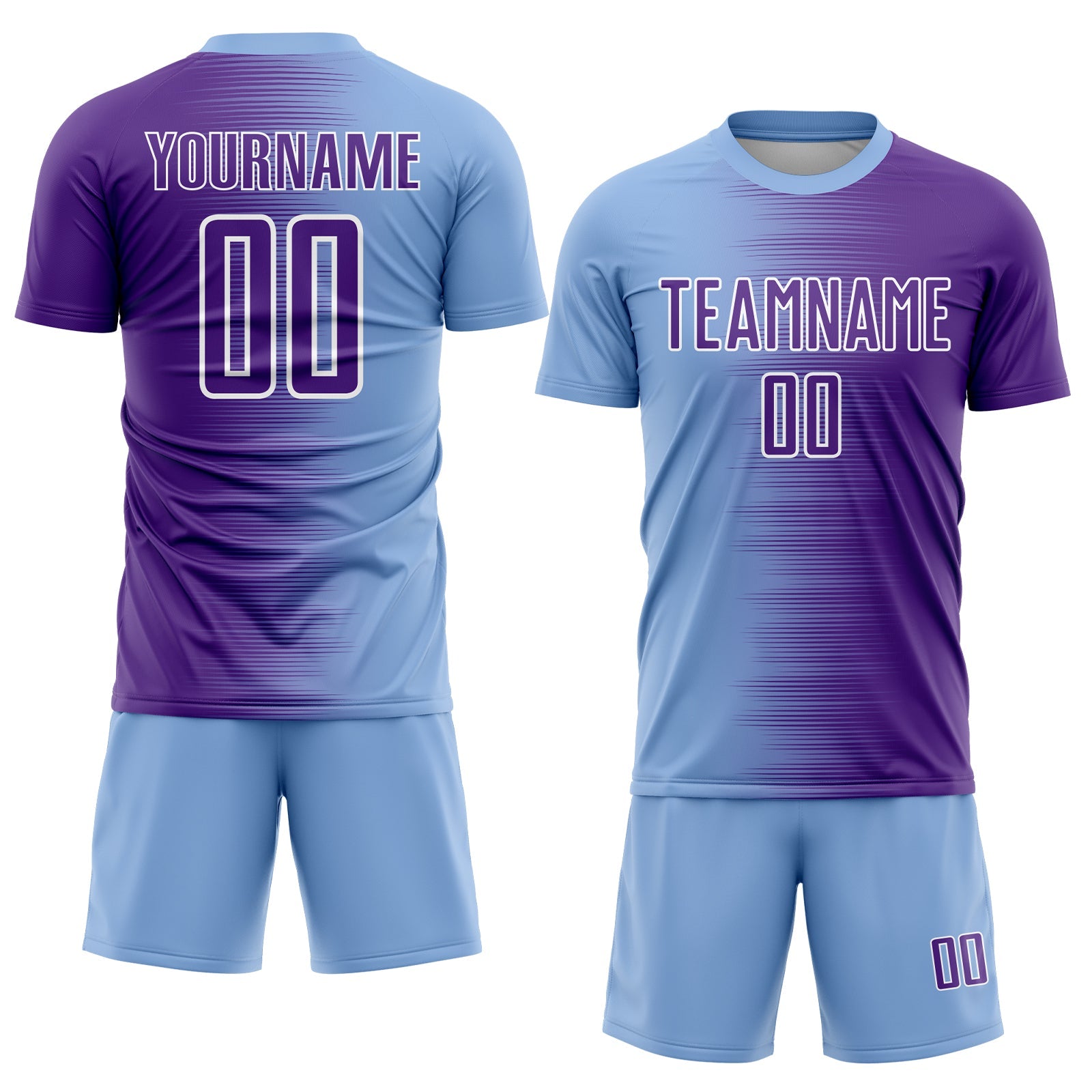 Custom Light Blue Purple-White Gradient Line Sublimation Soccer Uniform Jersey view 2