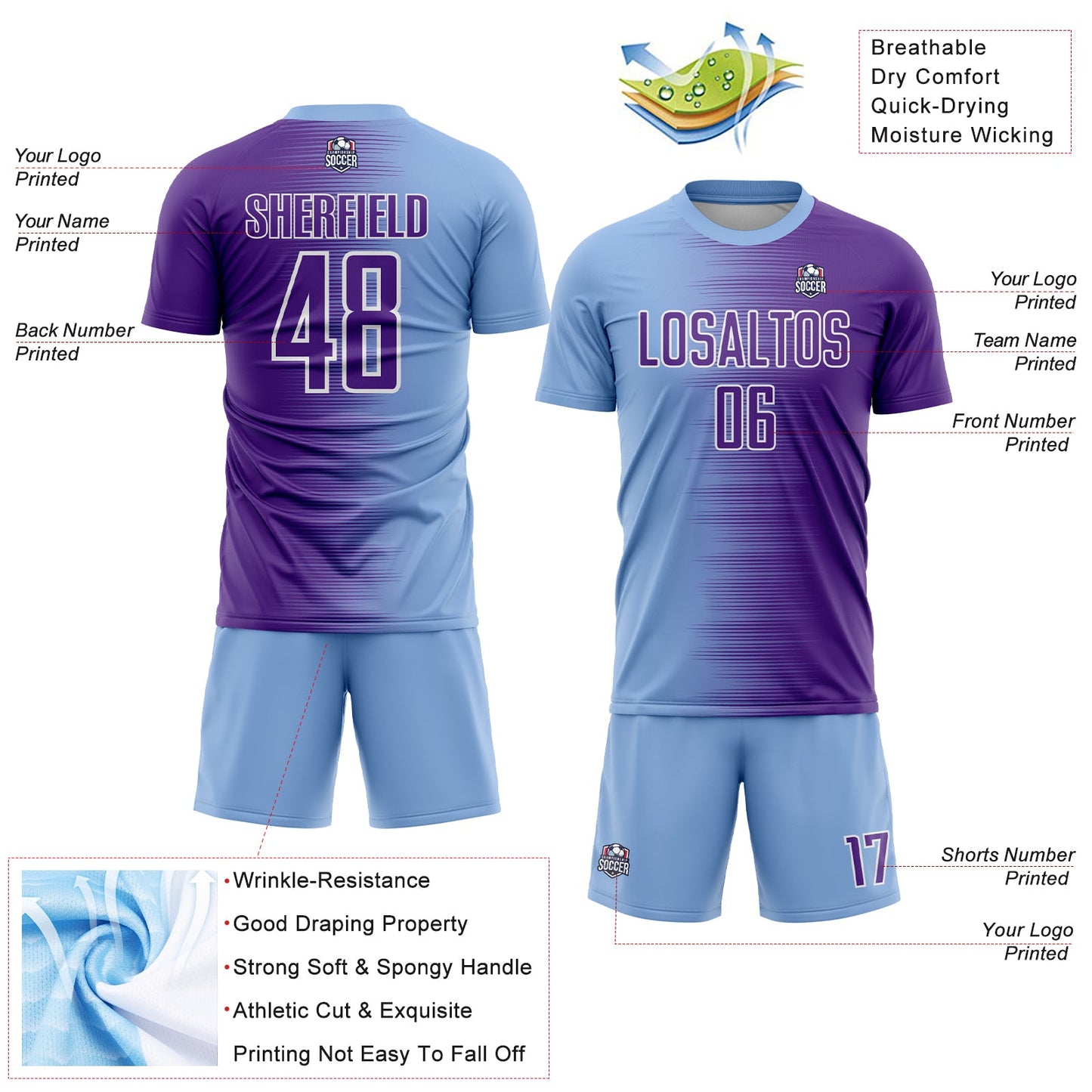Custom Light Blue Purple-White Gradient Line Sublimation Soccer Uniform Jersey view 4