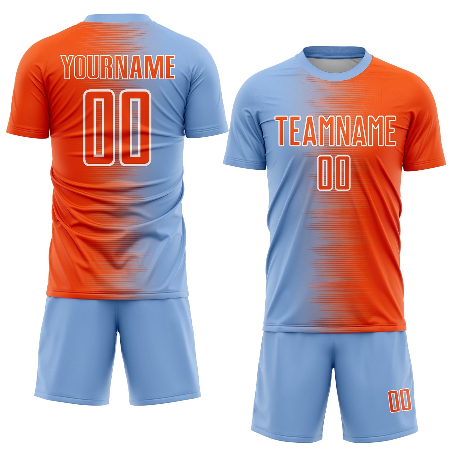 Custom Light Blue Orange-White Gradient Line Sublimation Soccer Uniform Jersey view 2