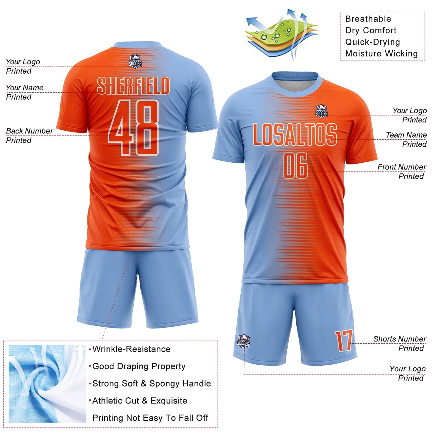 Custom Light Blue Orange-White Gradient Line Sublimation Soccer Uniform Jersey view 4
