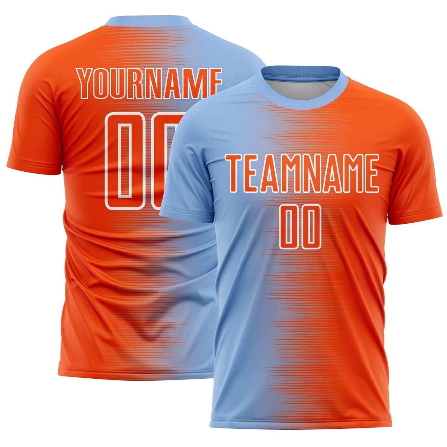 Custom Light Blue Orange-White Gradient Line Sublimation Soccer Uniform Jersey - Main View