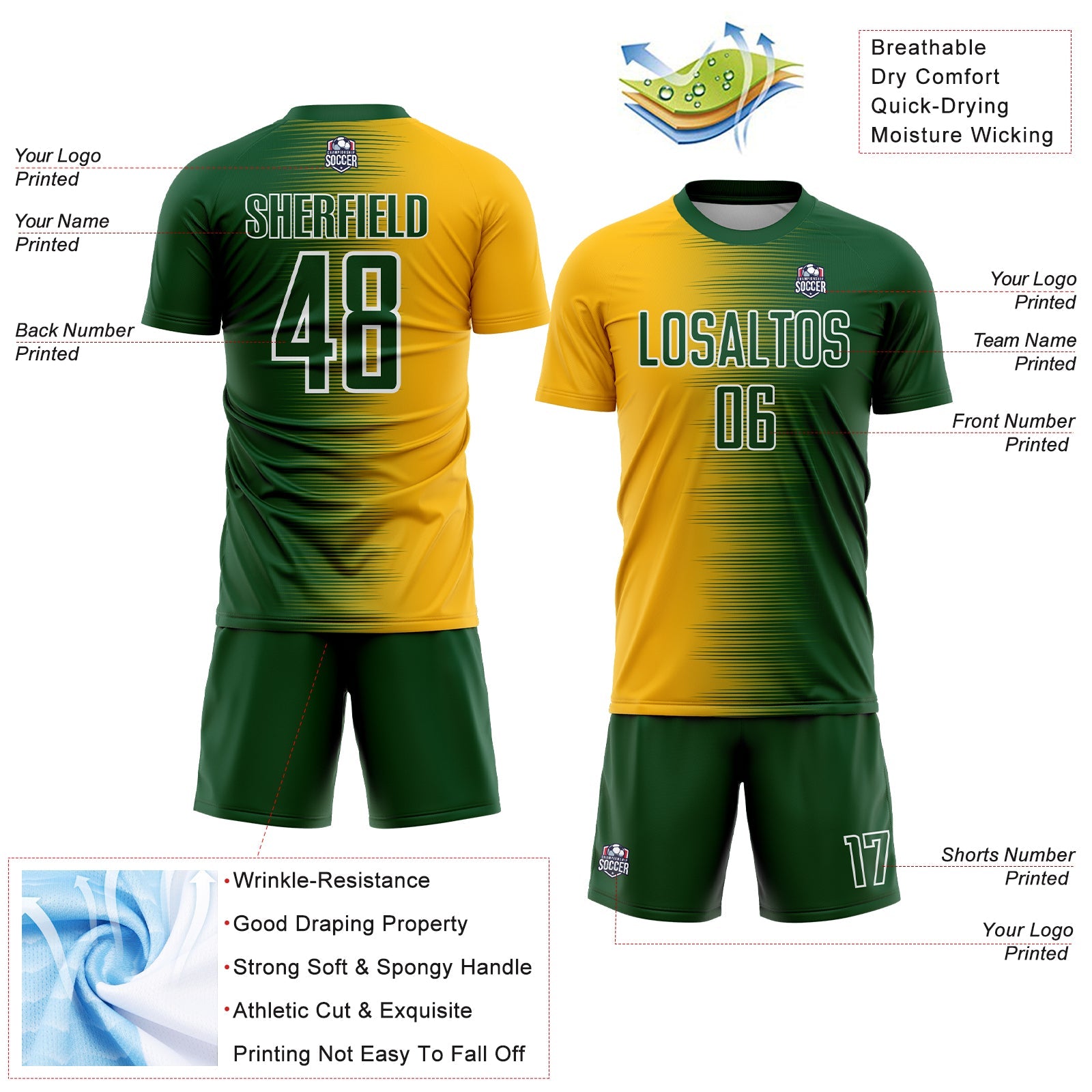 Custom Green Gold-White Gradient Line Sublimation Soccer Uniform Jersey view 4