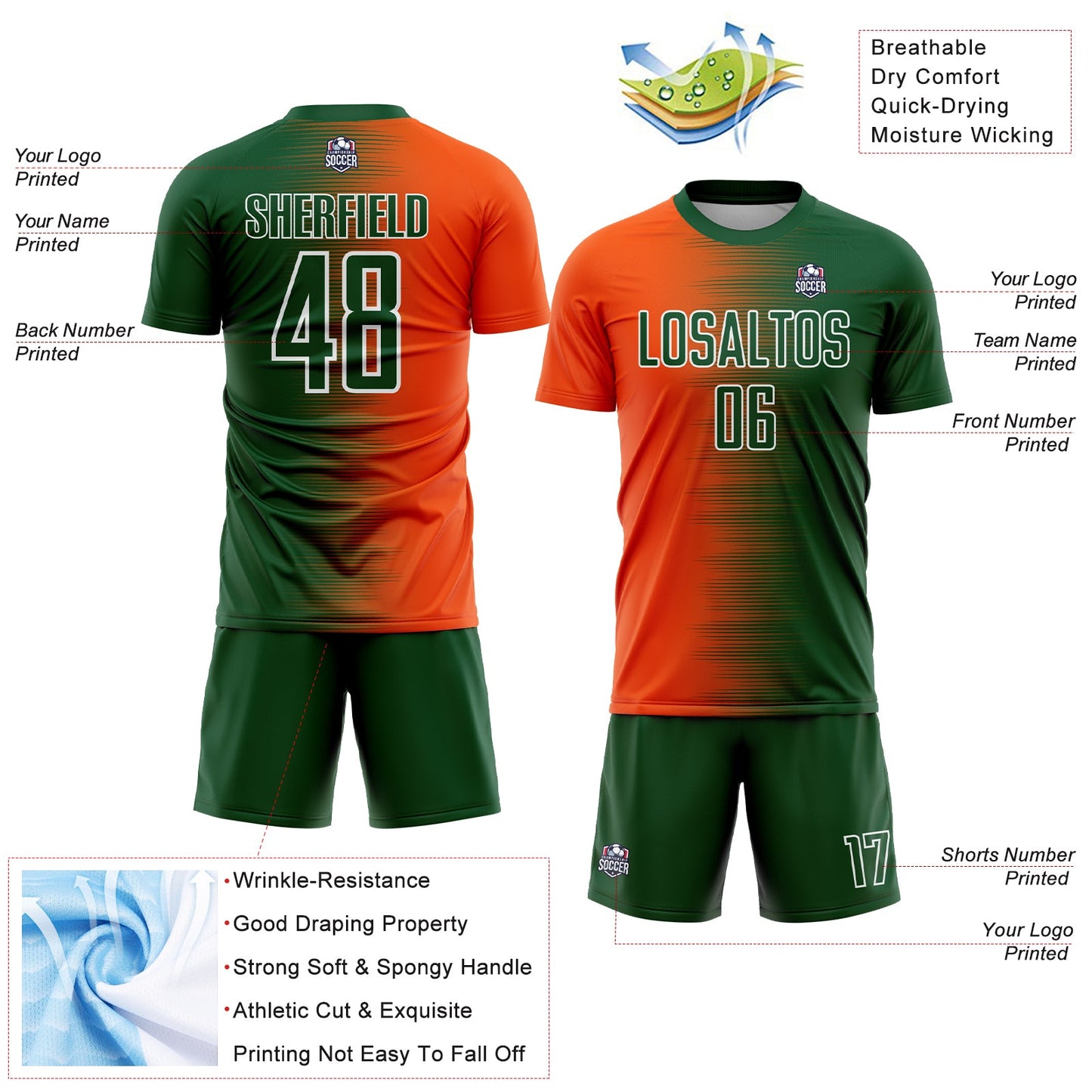 Custom Green Orange-White Gradient Line Sublimation Soccer Uniform Jersey view 4