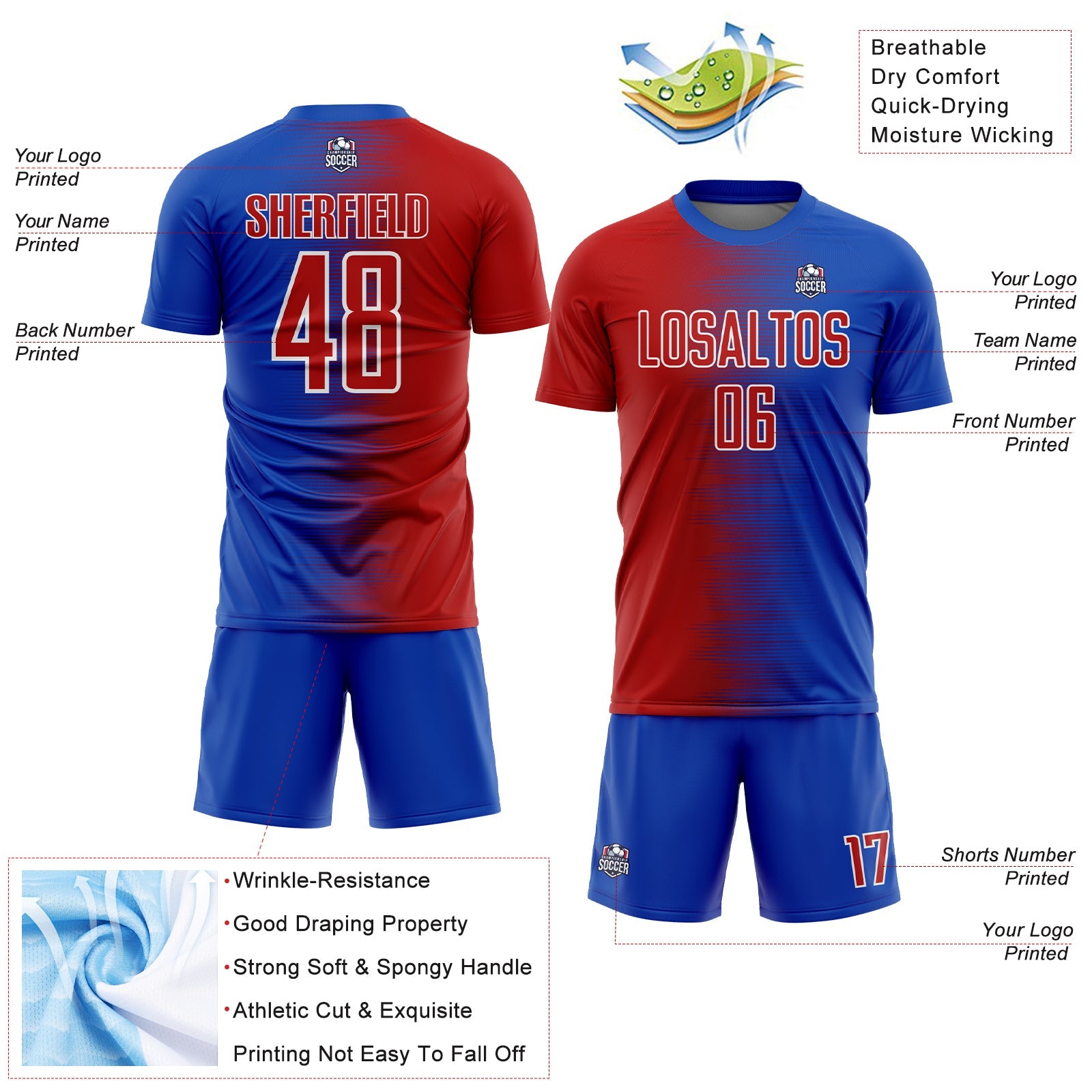 Custom Thunder Blue Red-White Gradient Line Sublimation Soccer Uniform Jersey view 4