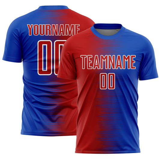 Custom Thunder Blue Red-White Gradient Line Sublimation Soccer Uniform Jersey - Main View