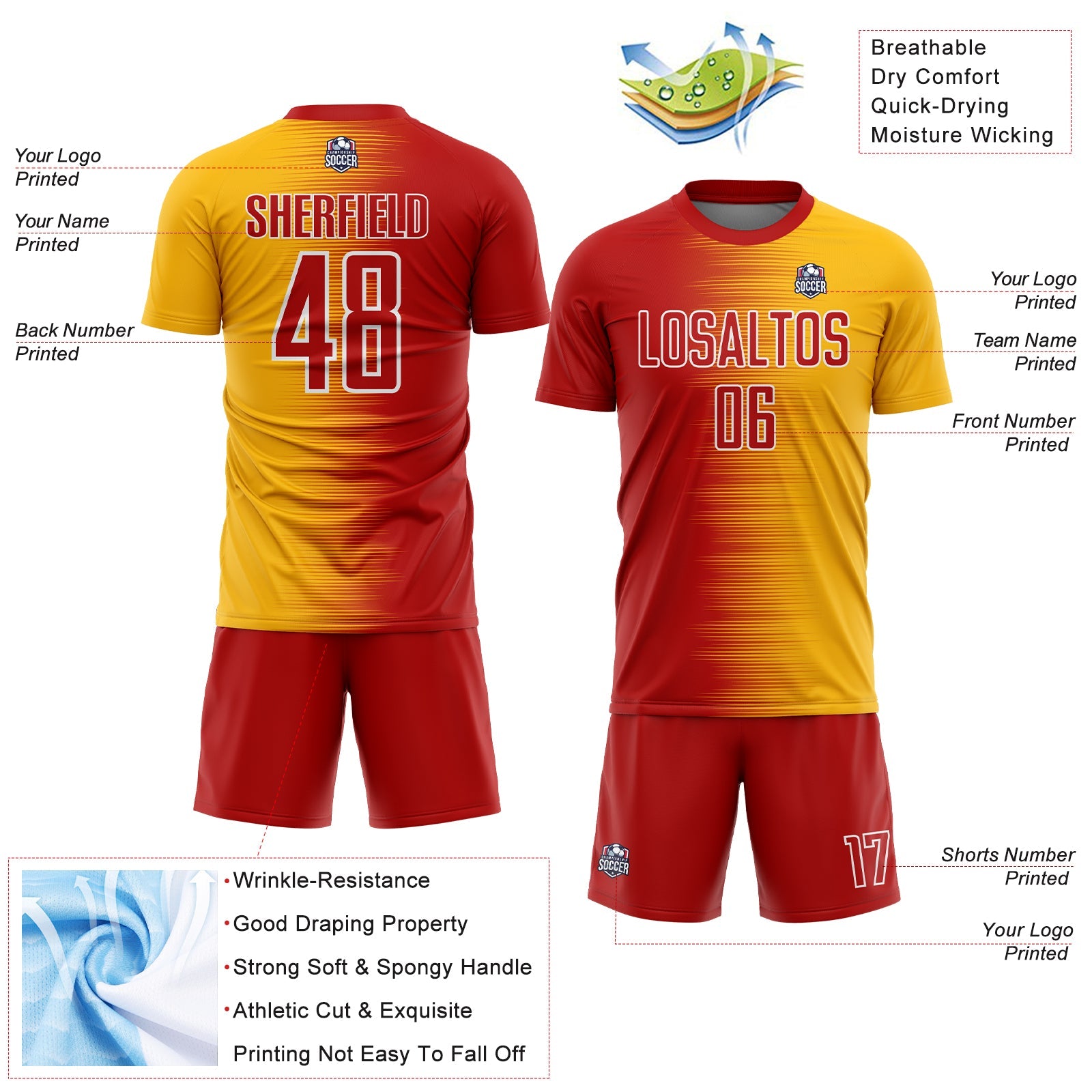 Custom Red Gold-White Gradient Line Sublimation Soccer Uniform Jersey view 4