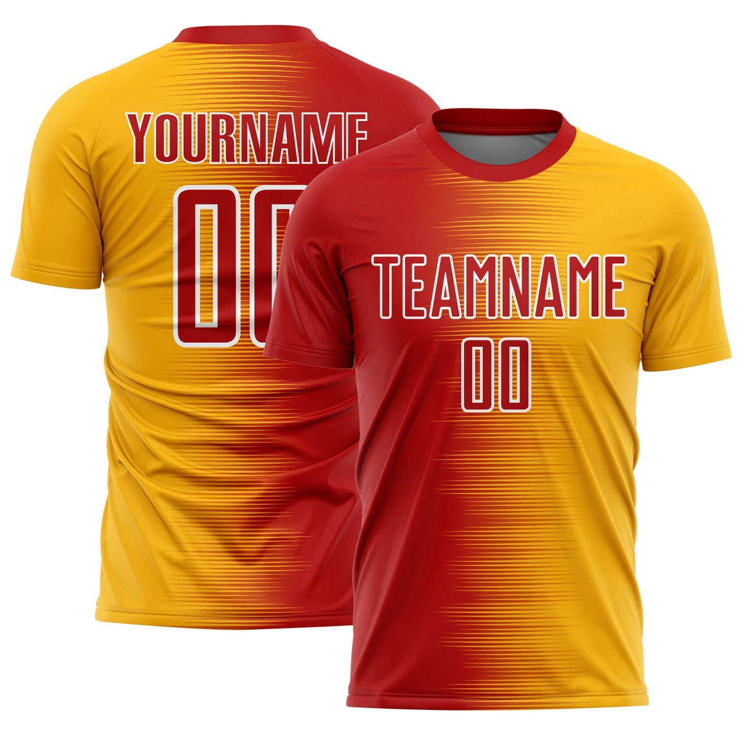 Custom Red Gold-White Gradient Line Sublimation Soccer Uniform Jersey - Main View