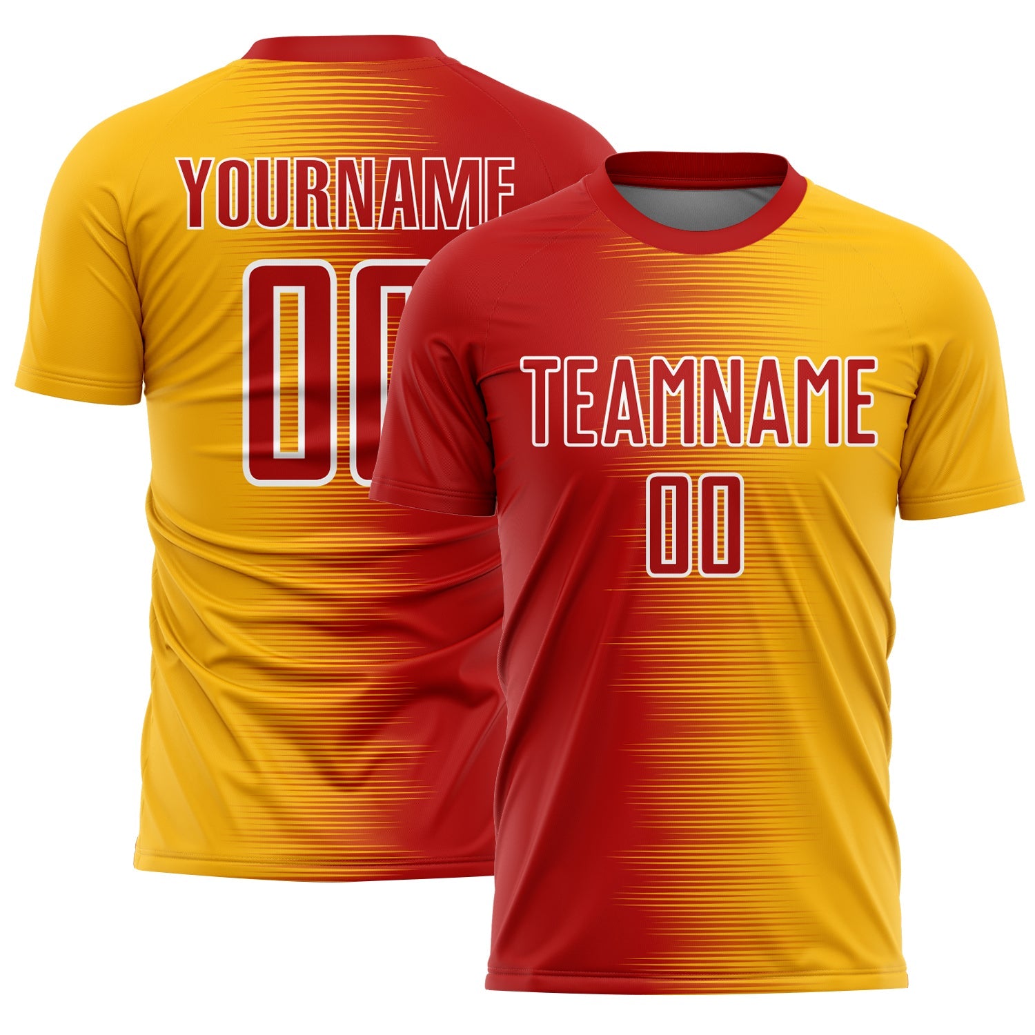 Custom Red Gold-White Gradient Line Sublimation Soccer Uniform Jersey - Main View