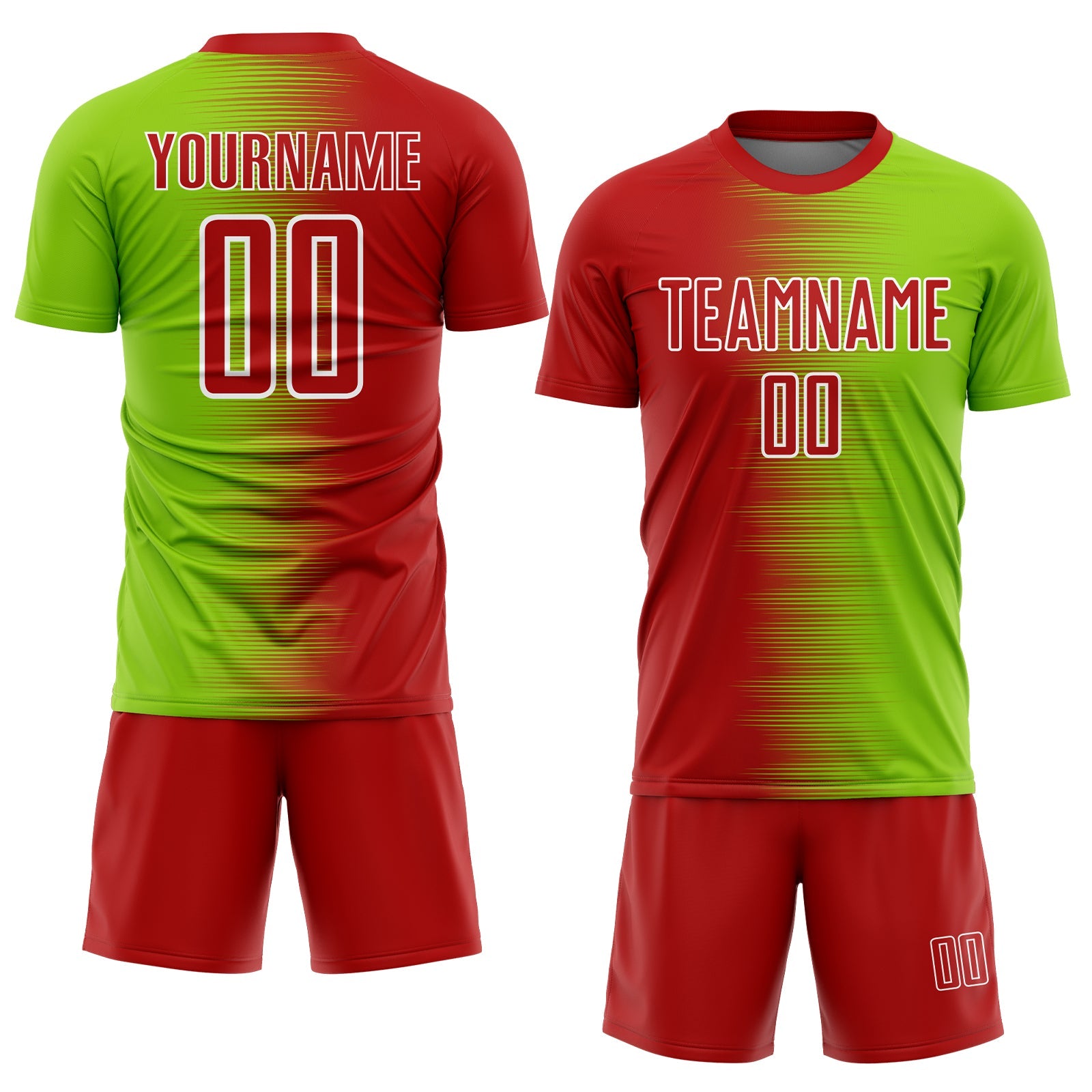 Custom Red Neon Green-White Gradient Line Sublimation Soccer Uniform Jersey view 2