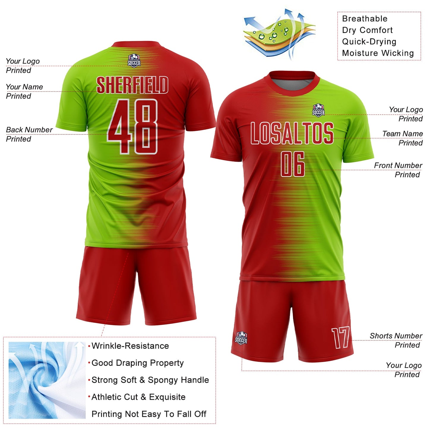 Custom Red Neon Green-White Gradient Line Sublimation Soccer Uniform Jersey view 4