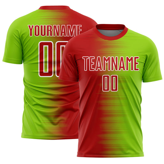 Custom Red Neon Green-White Gradient Line Sublimation Soccer Uniform Jersey - Main View