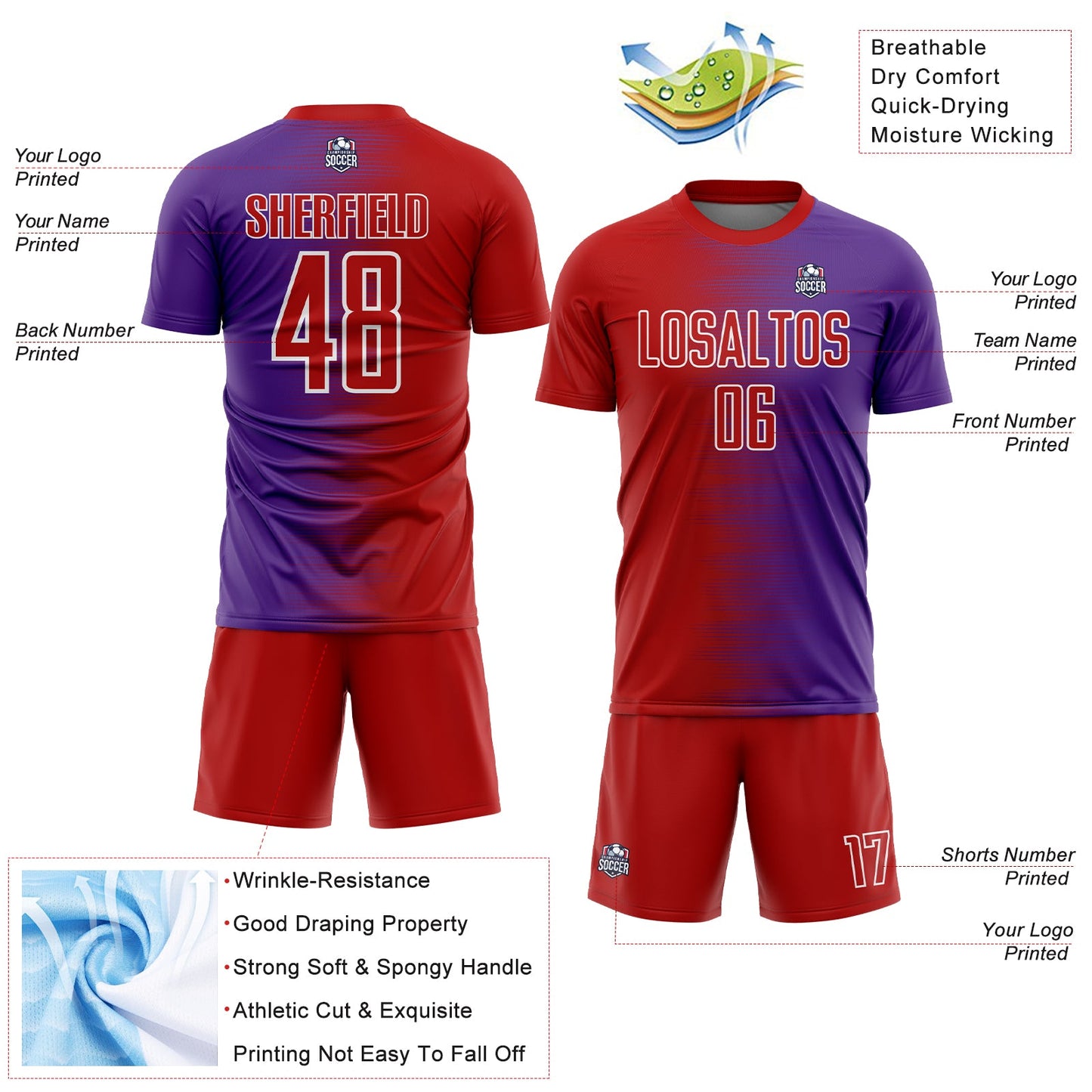 Custom Red Purple-White Gradient Line Sublimation Soccer Uniform Jersey view 4
