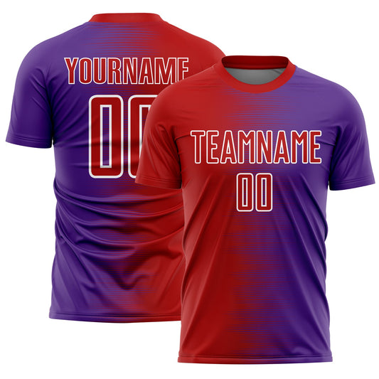 Custom Red Purple-White Gradient Line Sublimation Soccer Uniform Jersey - Main View