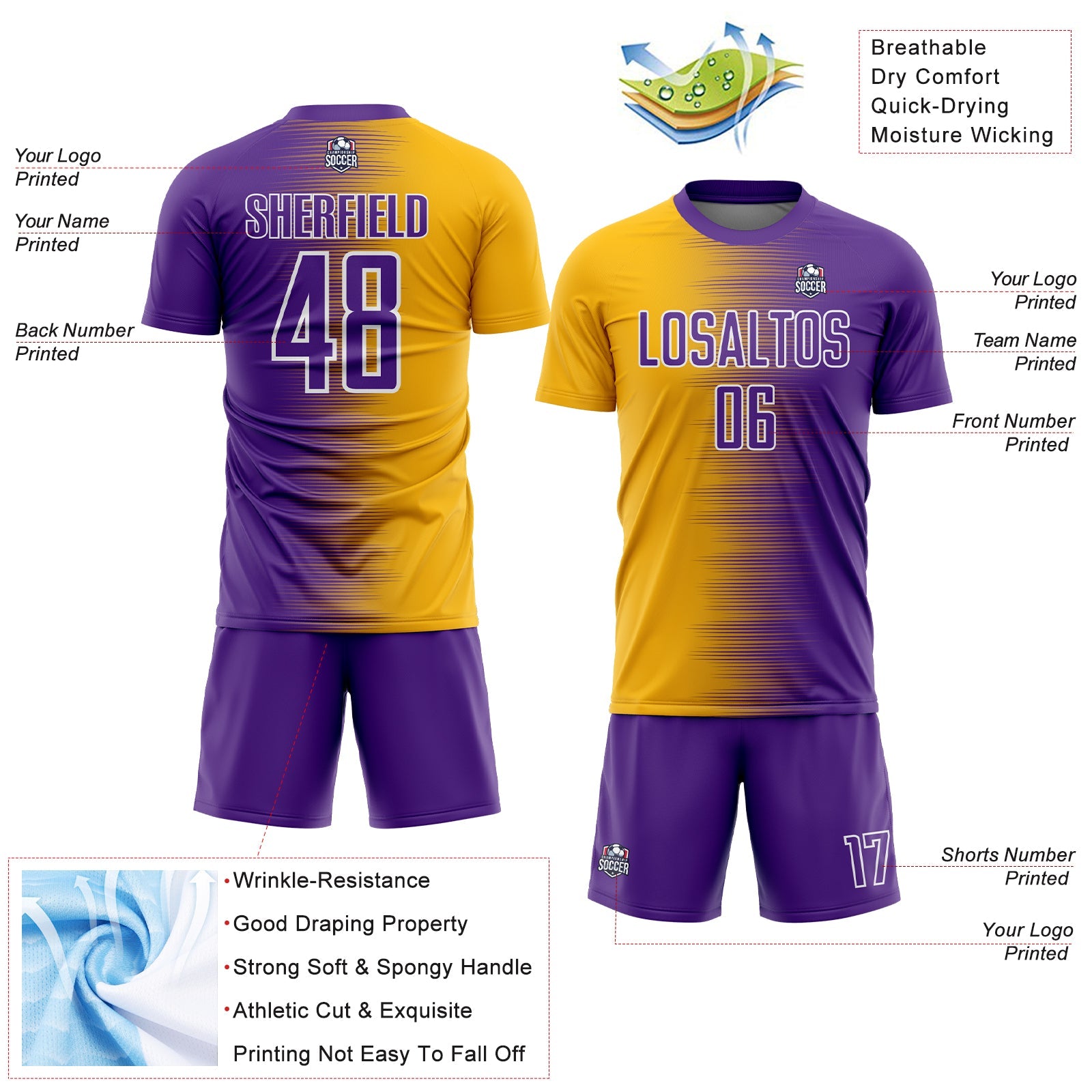 Custom Purple Gold-White Gradient Line Sublimation Soccer Uniform Jersey view 4