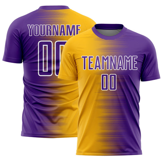 Custom Purple Gold-White Gradient Line Sublimation Soccer Uniform Jersey - Main View