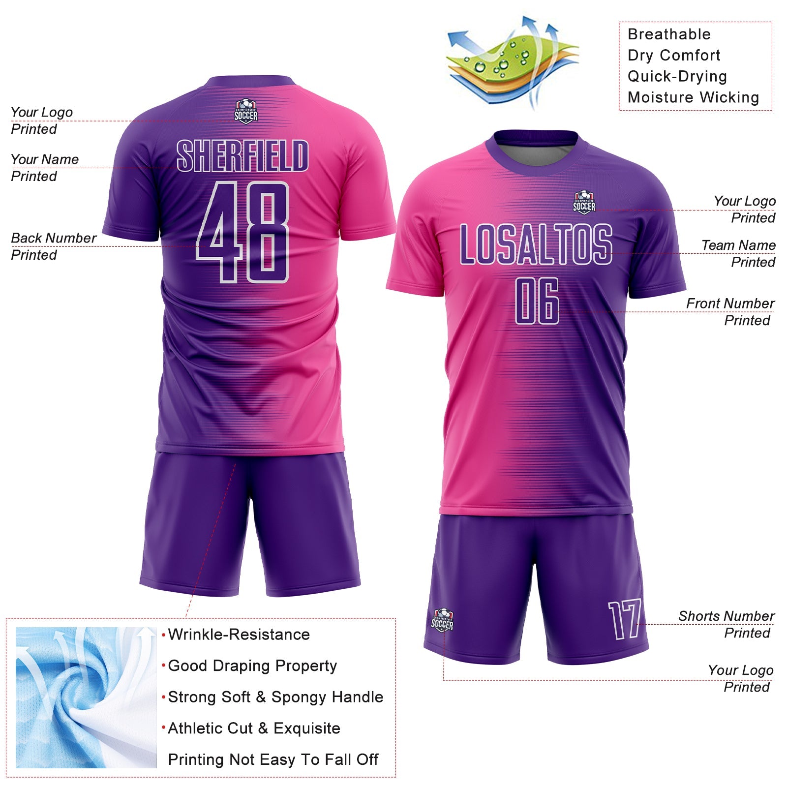 Custom Purple Pink-White Gradient Line Sublimation Soccer Uniform Jersey view 4