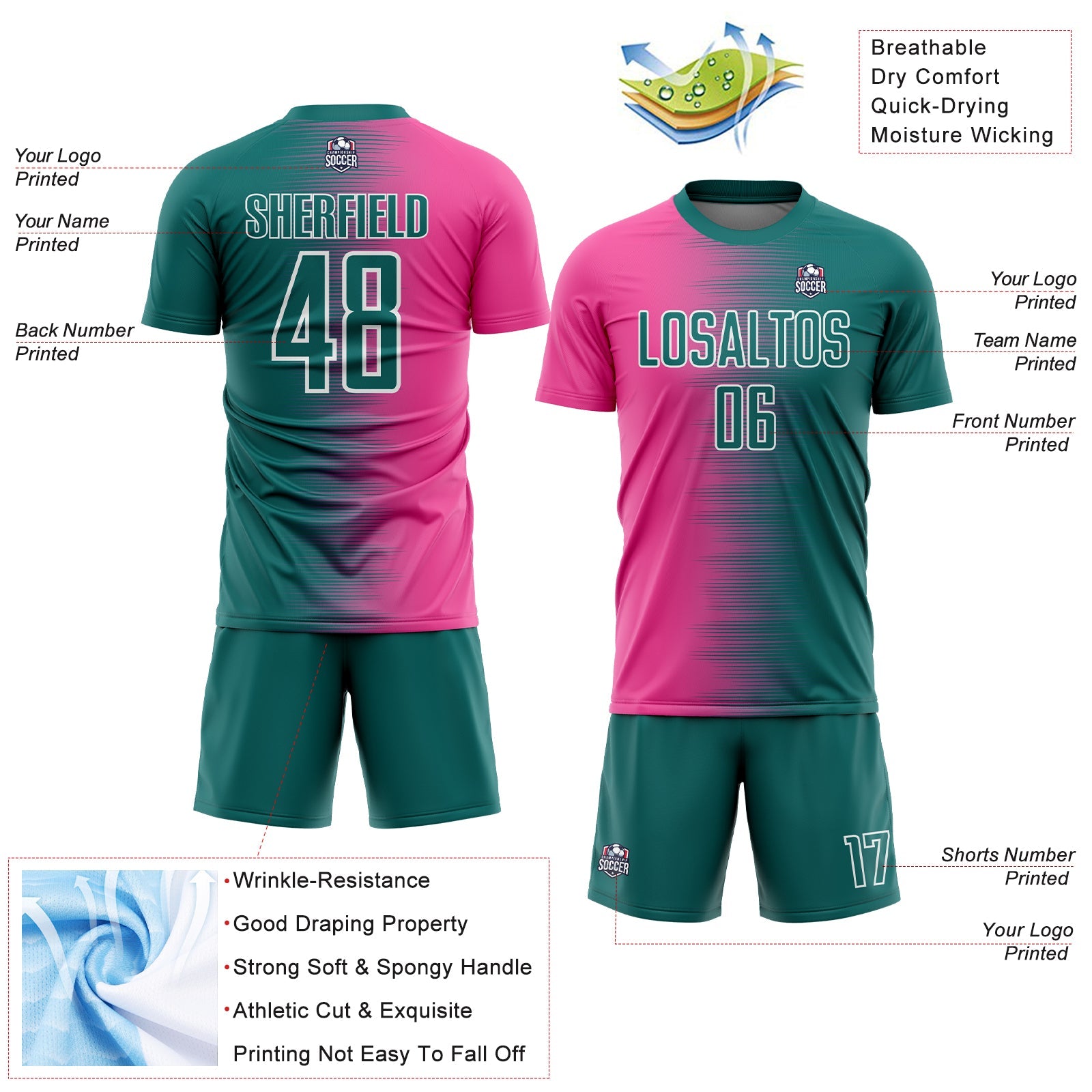 Custom Teal Pink-White Gradient Line Sublimation Soccer Uniform Jersey view 4