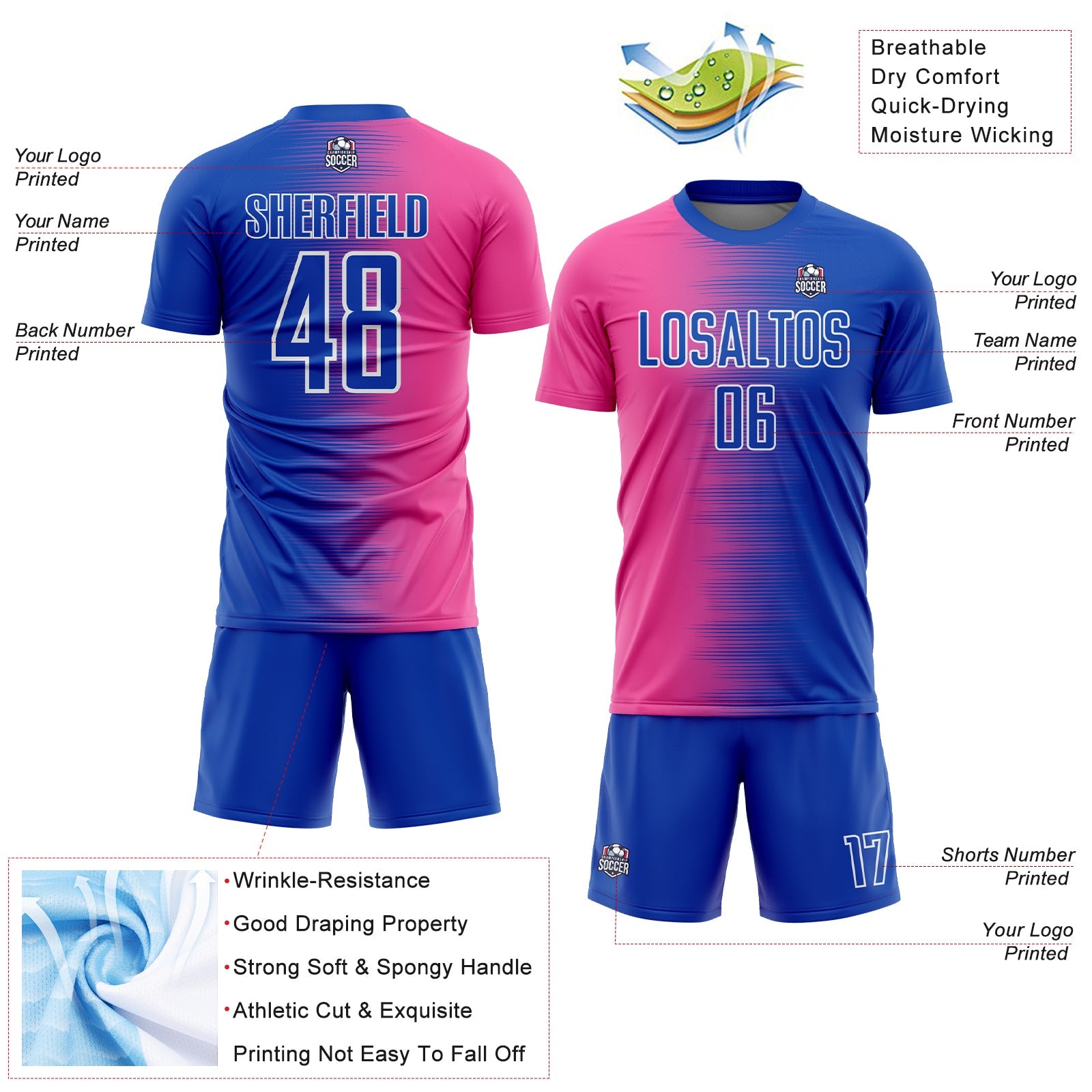 Custom Thunder Blue Pink-White Gradient Line Sublimation Soccer Uniform Jersey view 4