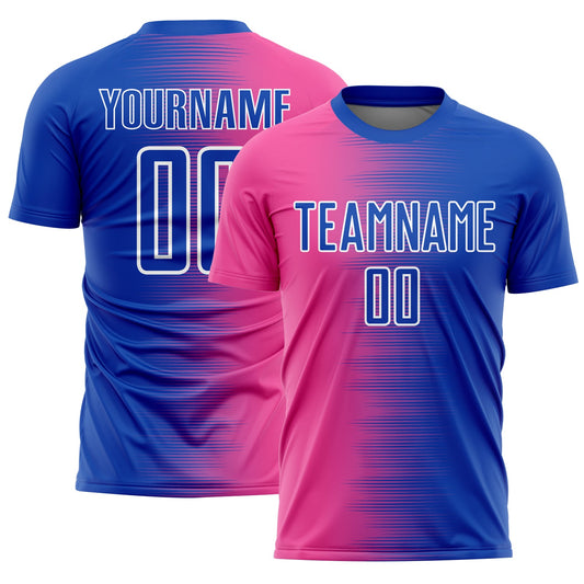 Custom Thunder Blue Pink-White Gradient Line Sublimation Soccer Uniform Jersey - Main View
