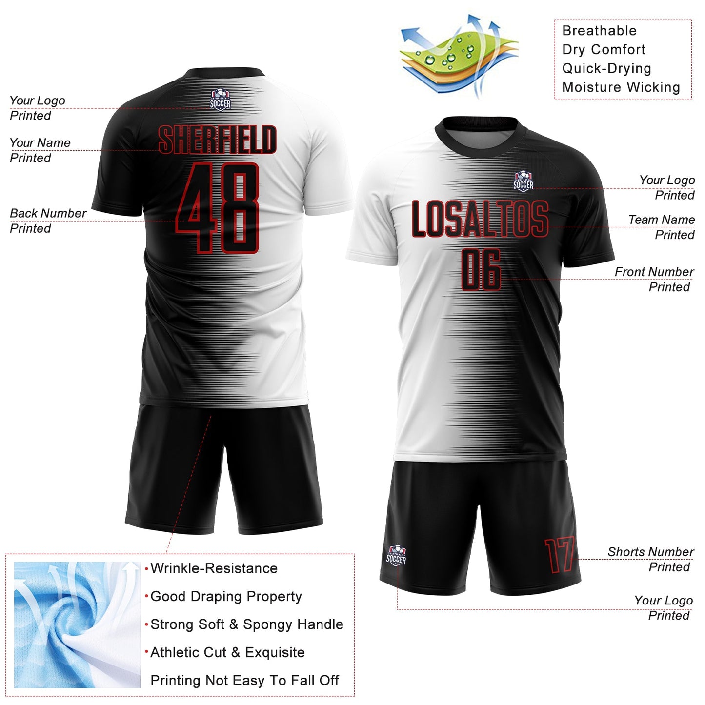 Custom Black White-Red Gradient Line Sublimation Soccer Uniform Jersey view 4