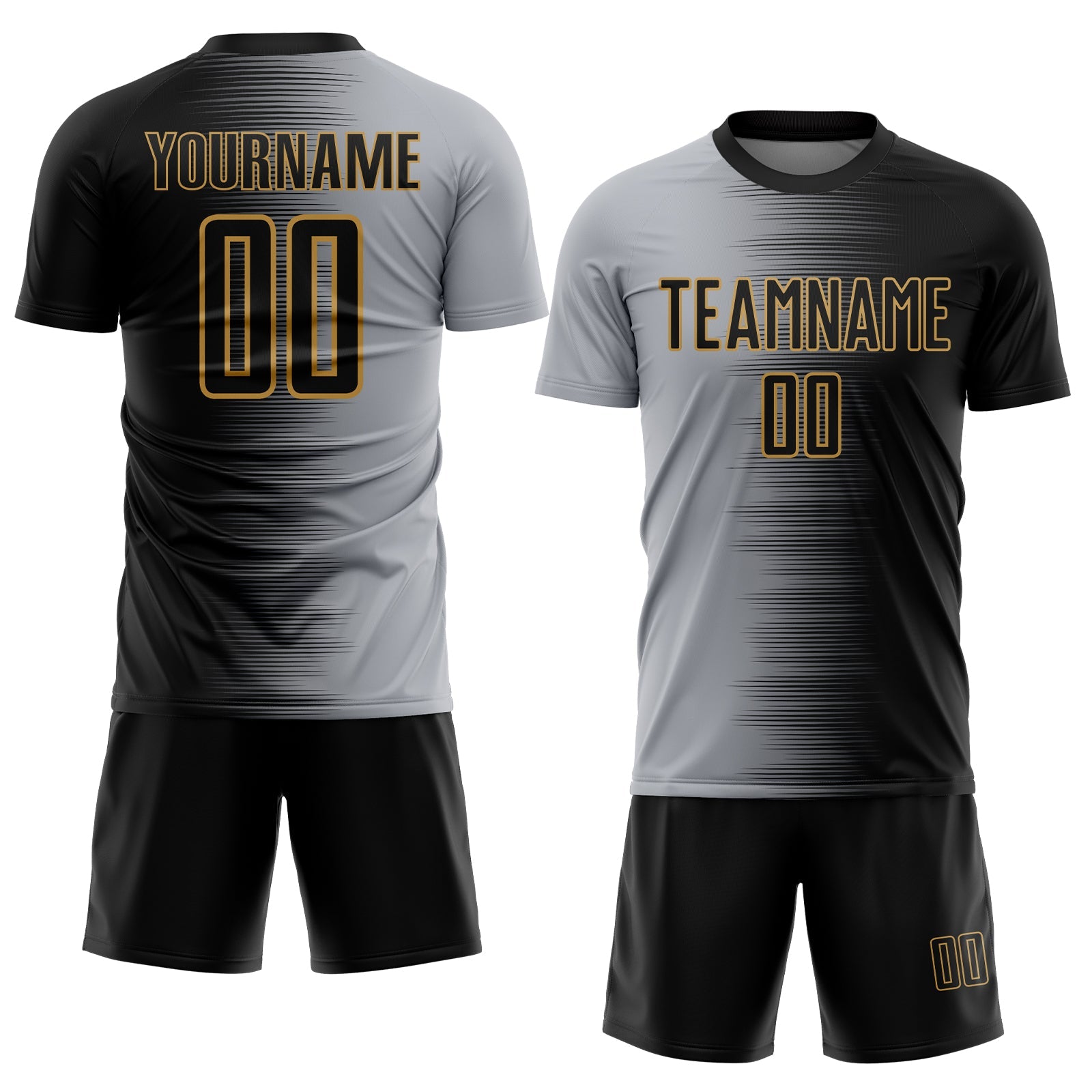 Custom Black Gray-Old Gold Gradient Line Sublimation Soccer Uniform Jersey view 2
