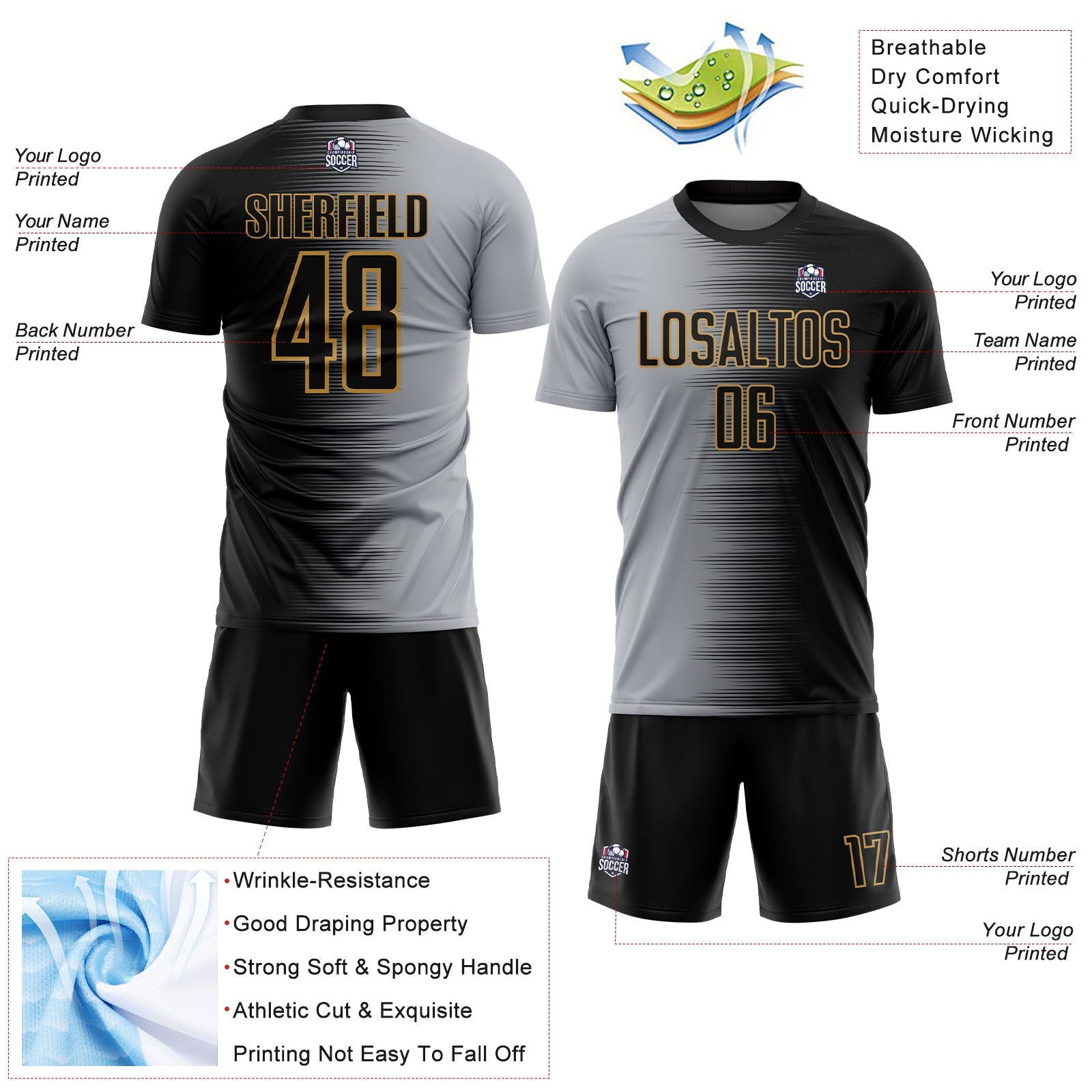 Custom Black Gray-Old Gold Gradient Line Sublimation Soccer Uniform Jersey view 4