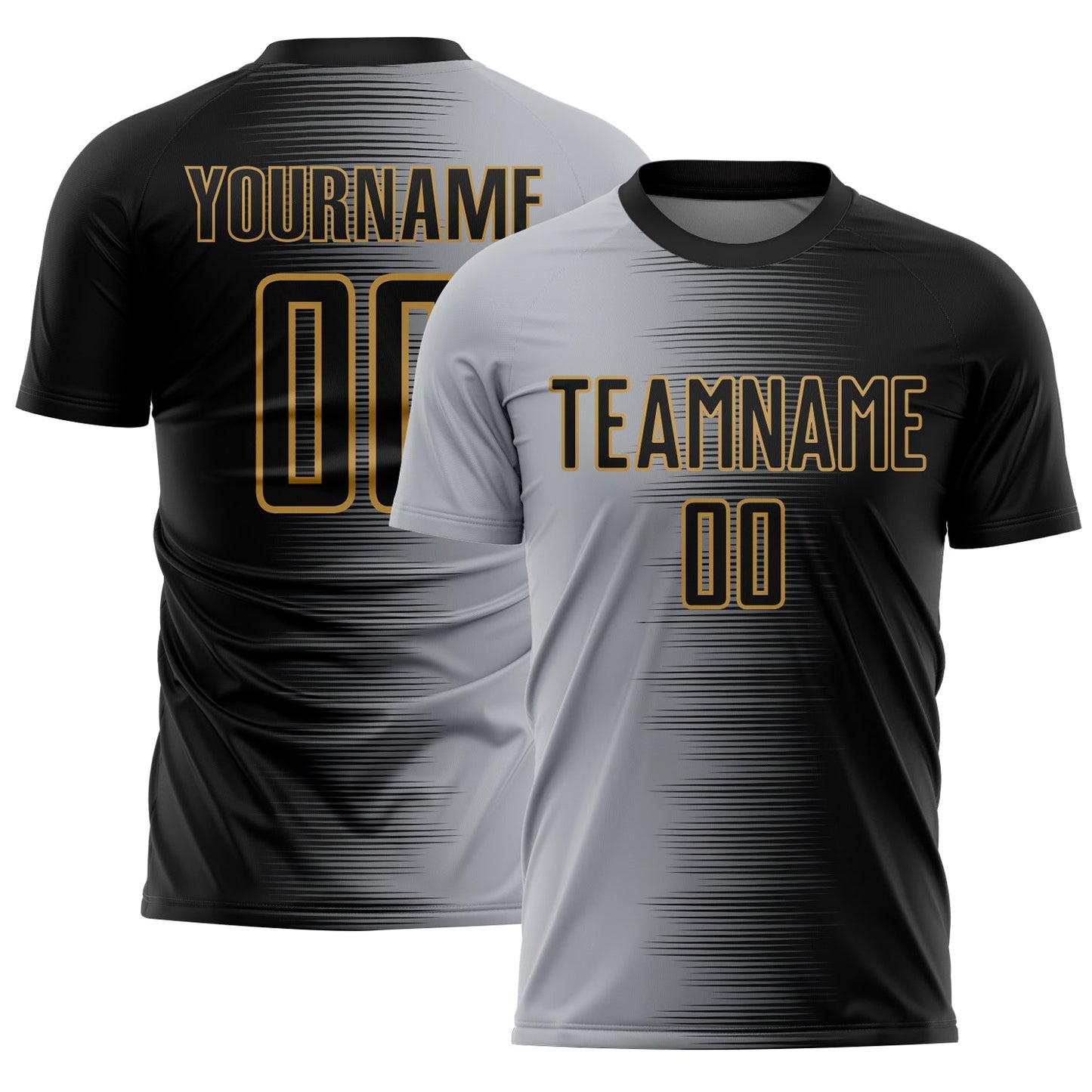 Custom Black Gray-Old Gold Gradient Line Sublimation Soccer Uniform Jersey - Main View