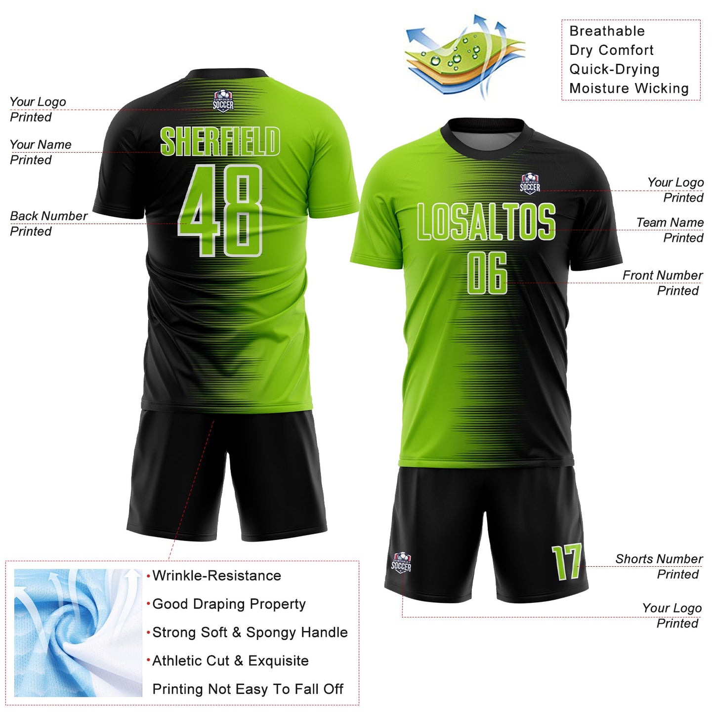 Custom Black Neon Green-White Gradient Line Sublimation Soccer Uniform Jersey view 4