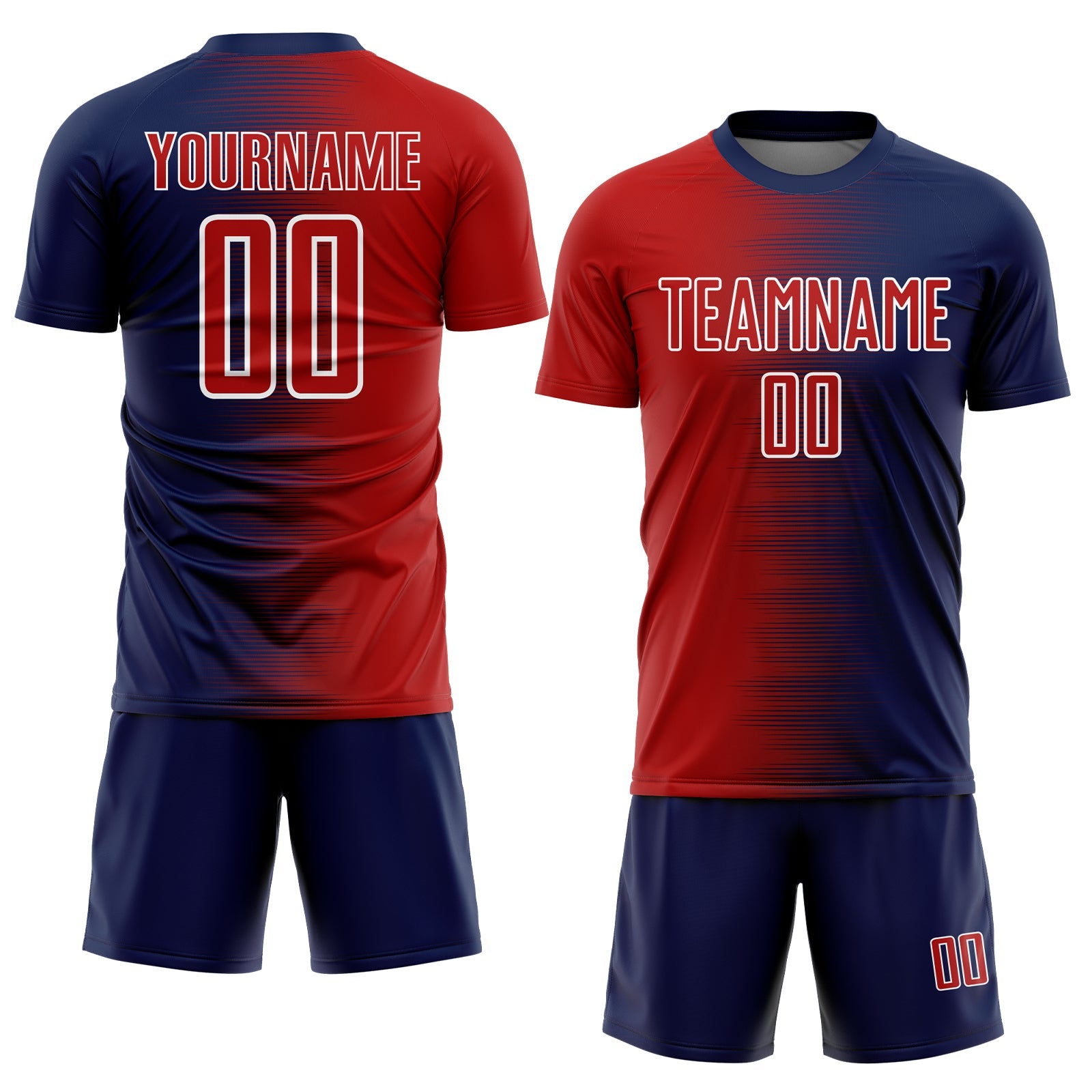 Custom Navy Red-White Gradient Line Sublimation Soccer Uniform Jersey view 2