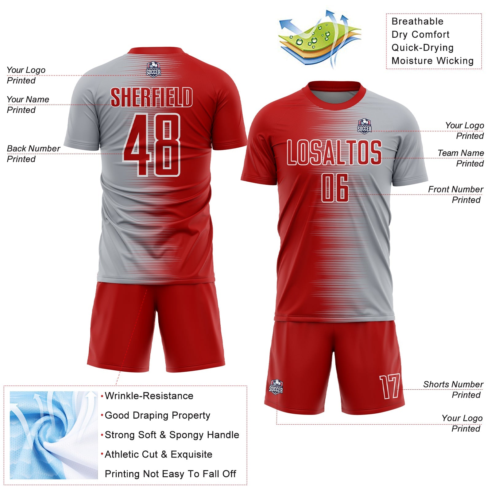 Custom Red Gray-White Gradient Line Sublimation Soccer Uniform Jersey view 4
