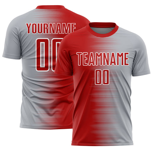 Custom Red Gray-White Gradient Line Sublimation Soccer Uniform Jersey - Main View