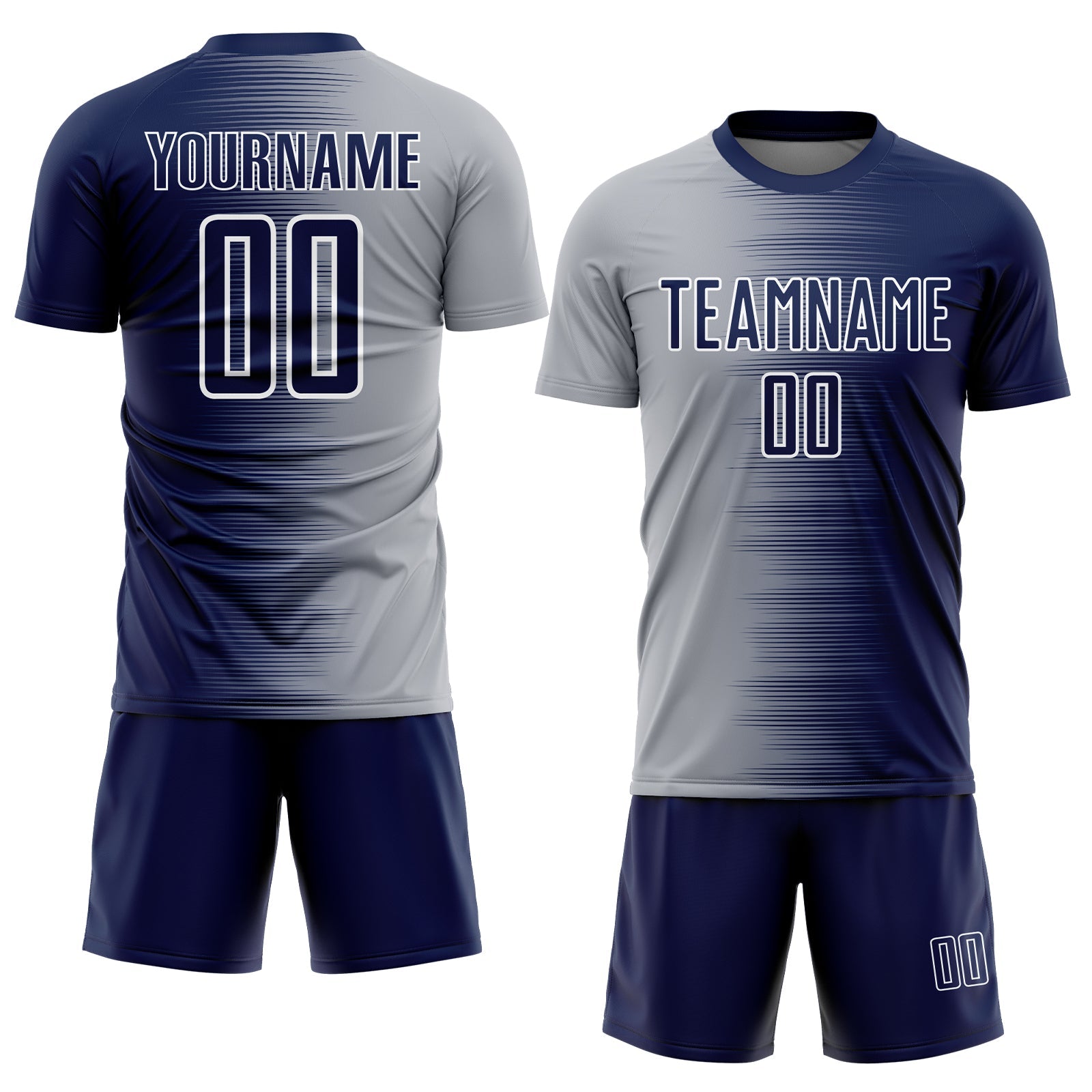 Custom Navy Gray-White Gradient Line Sublimation Soccer Uniform Jersey view 2