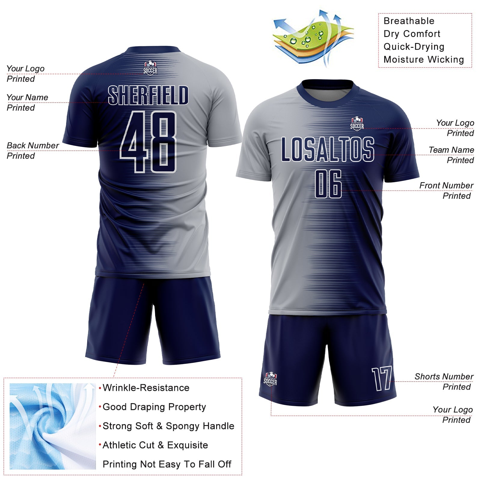 Custom Navy Gray-White Gradient Line Sublimation Soccer Uniform Jersey view 4