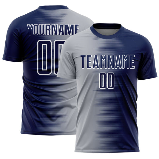 Custom Navy Gray-White Gradient Line Sublimation Soccer Uniform Jersey - Main View