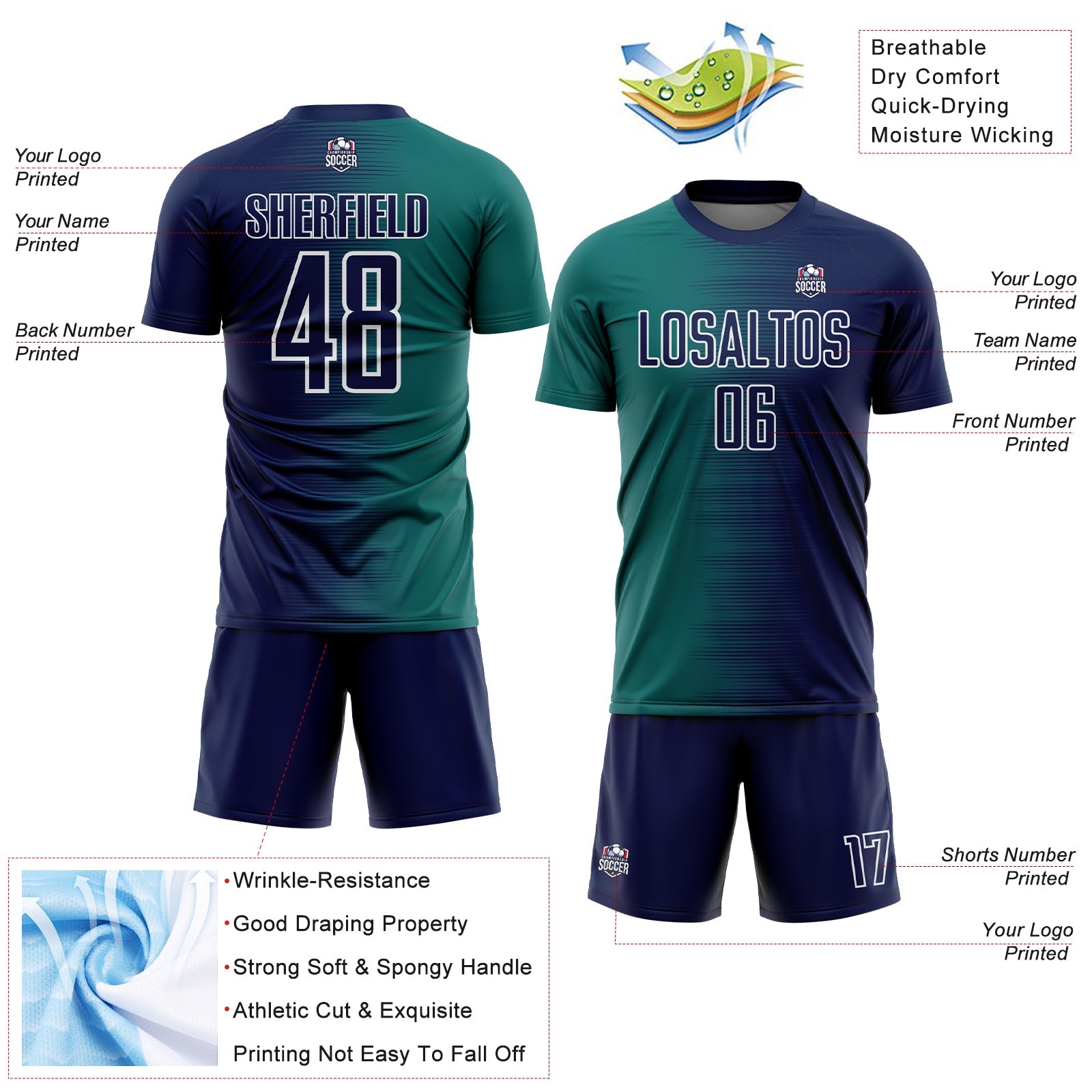 Custom Navy Teal-White Gradient Line Sublimation Soccer Uniform Jersey view 4
