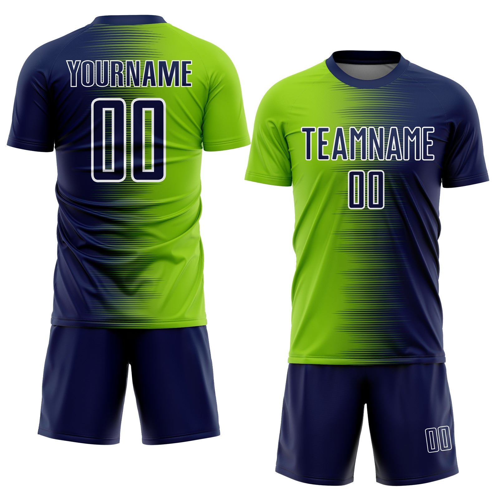 Custom Navy Neon Green-White Gradient Line Sublimation Soccer Uniform Jersey view 2